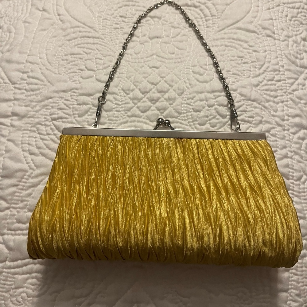 Vintage Yellow Pleated with Metal Chain Snap Closure Clutch Purse, Mother’s Day